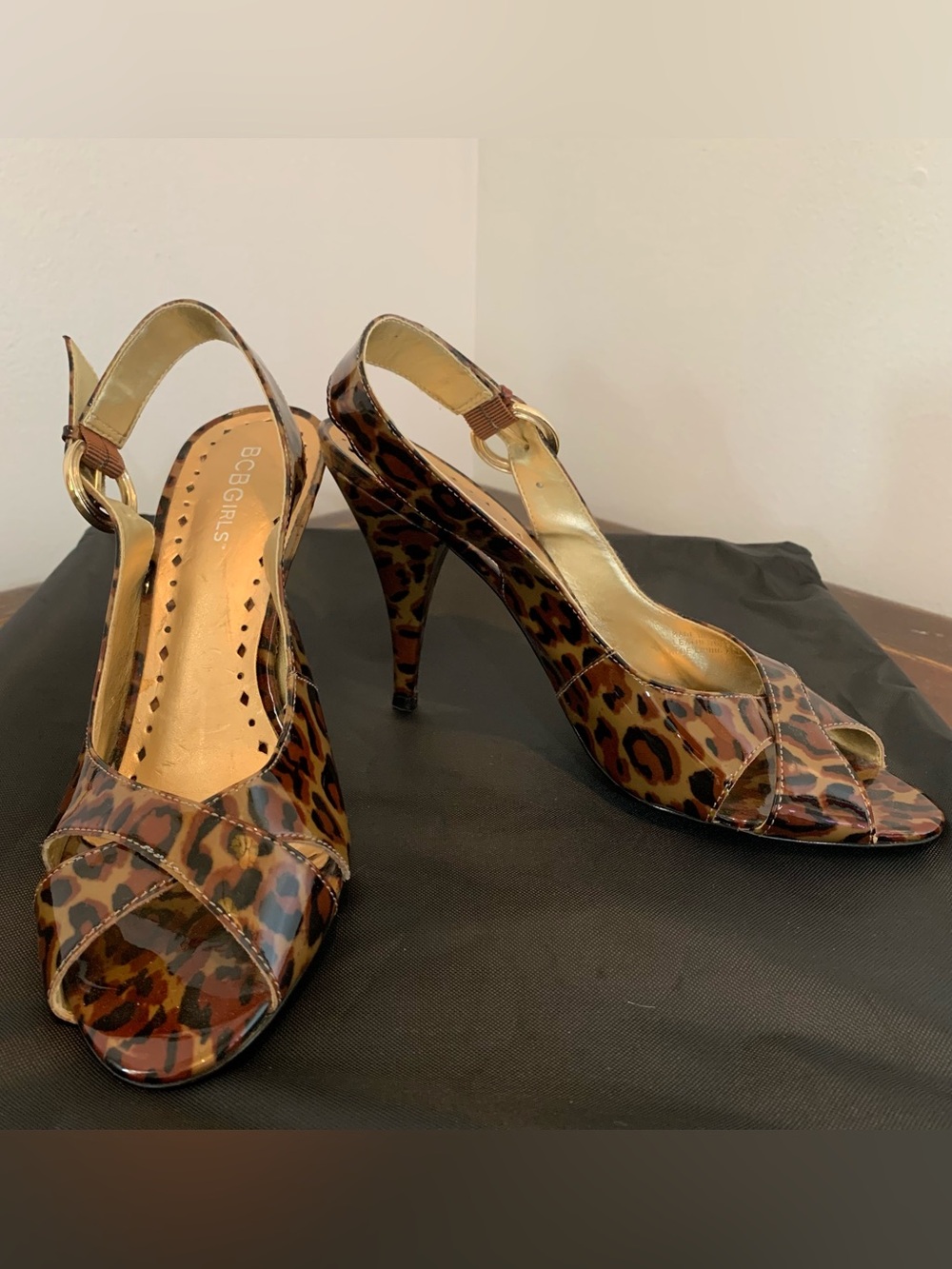 BCBGirls Leopard Print Slingback Peep-Toe Heels